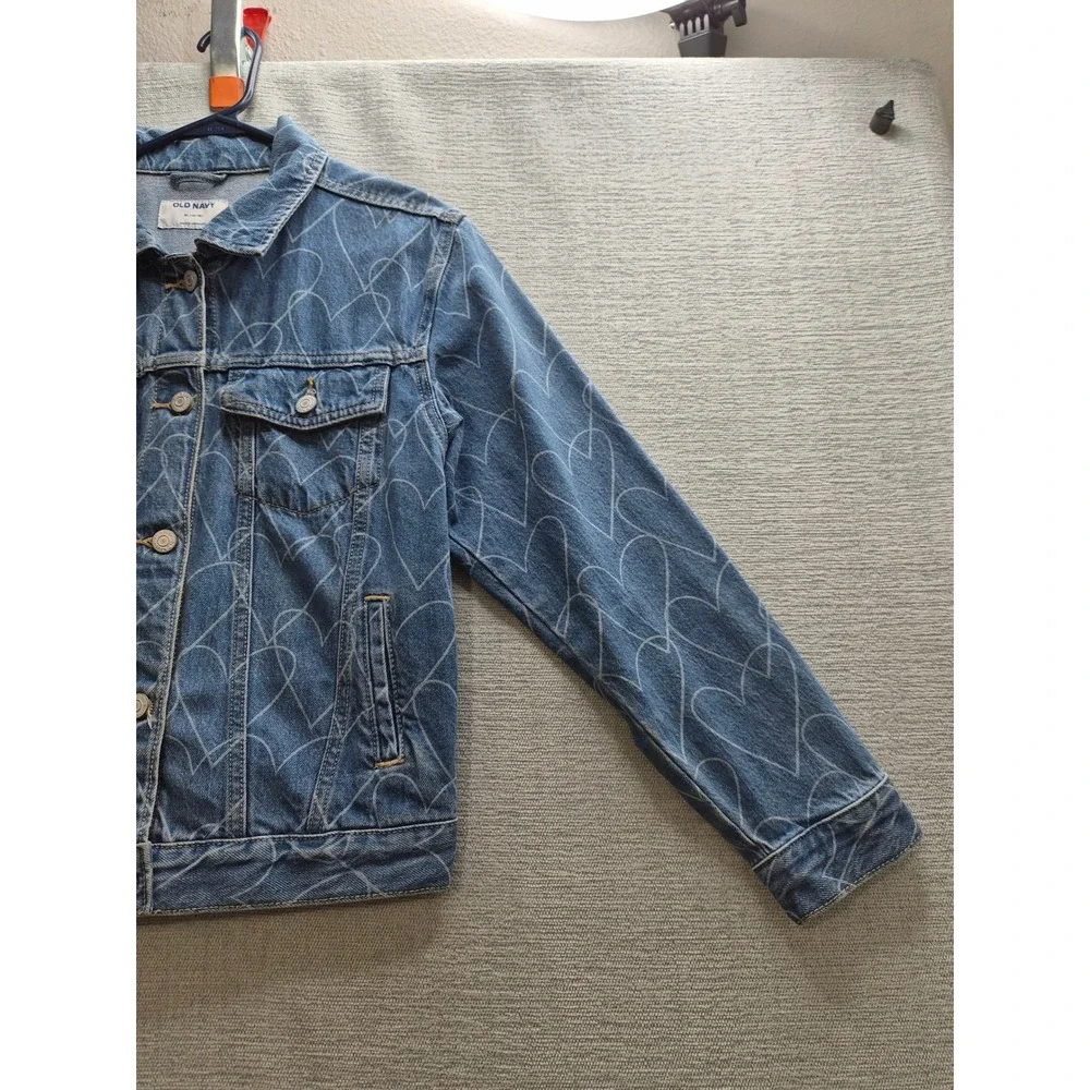 Old Navy Trucker Jacket Girls XL (14-16) Blue Allover Heart Print Button Front